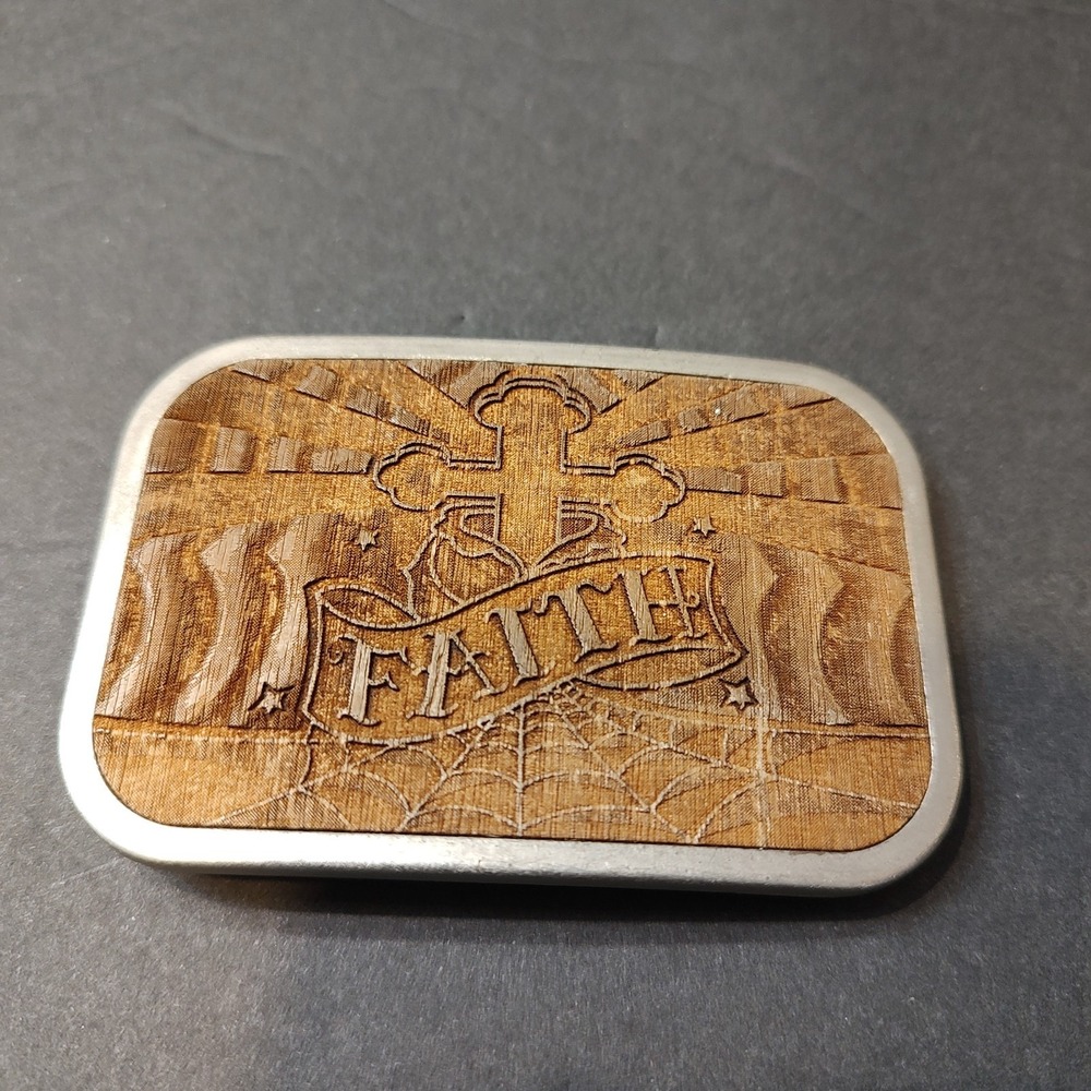 RELIGIOUS FAITH BELT BUCKLE CARVED WOOD METAL BASE Buckle Down Brown Silver